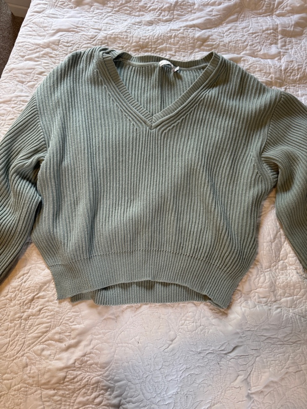 Lush Light Sage Ribbed V-Neck Sweater
